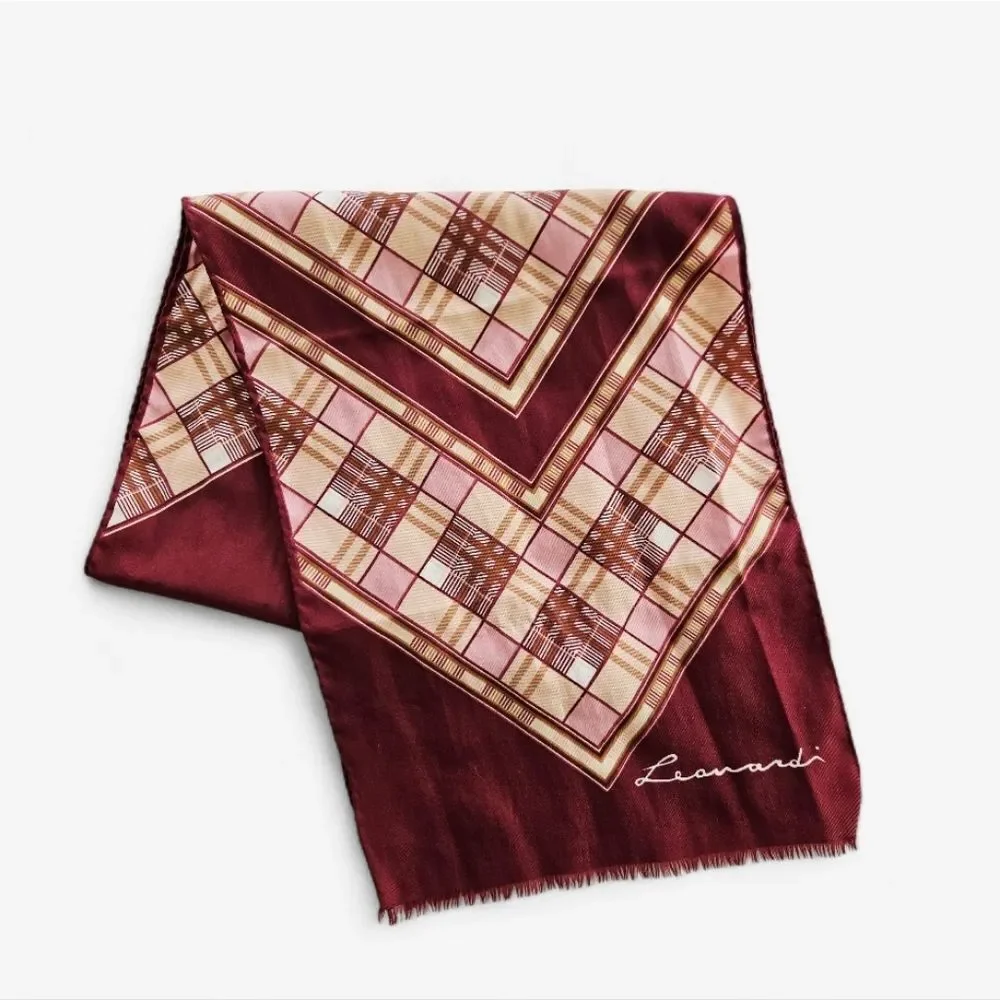 Vintage Leonardi Signed 100% Silk Burgundy Geometric Pattern Rectangular Scarf